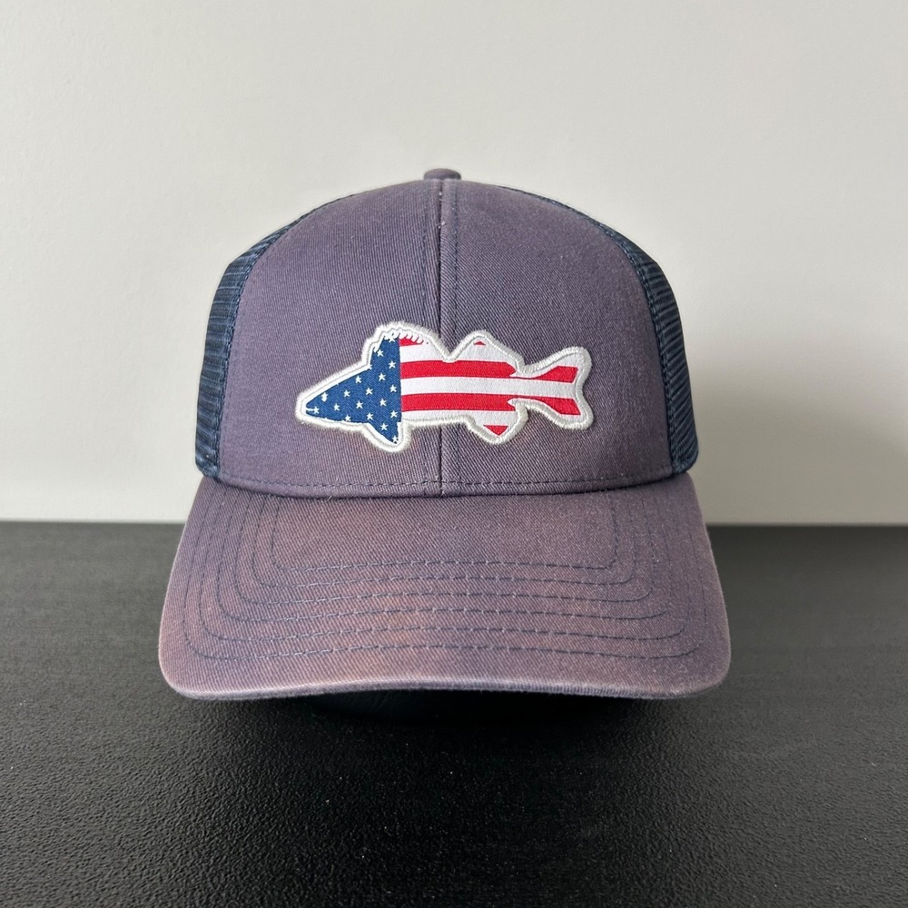 Simms Fishing Trucker Hat Cap Snap Back Adjustable Faded Navy Blue‎ Trout Patch